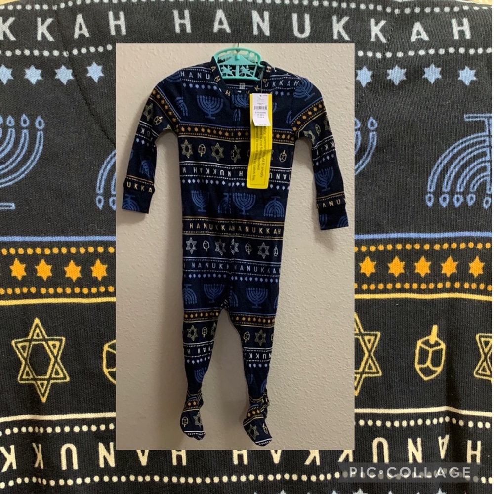 Baby Gap Hanukkah Footie Pajamas 6-12 Months Dreidel Menorah Blue Yellow.